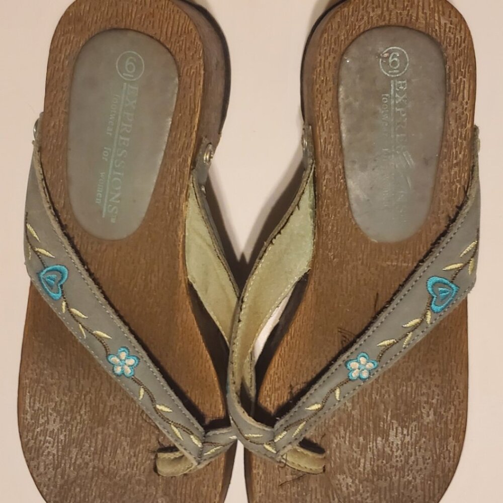 Women Wedged Sandal Shoes with Denim Straps - Size 6